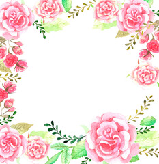 Floral with roses frame with hand painted watercolor flowers, leaves and branches in pink and gold colors. Decorative wreath perfect for card making, wedding invitation.