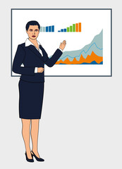 Fototapeta premium Manager girl stands at the poster with infographics. Vector graphics full growth