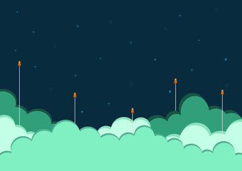vector illustration of a blue sky background with cloud  and space rocket - 370293253