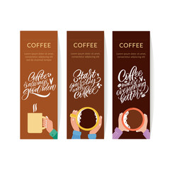 Mug in hand and the phrase lettering about coffee. Graphic design lifestyle lettering. Handwritten lettering design elements for cafe decoration and shop advertising. Coffee banner collection.