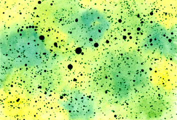 Abstract colorful background. Watercolor wet texture. Yellow and green romantic illustration. Abstract art hand paint. Original artwork. Color splashing on paper. Cosmic texture. Creative wallpaper