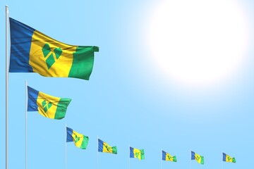 cute any feast flag 3d illustration. - many Saint Vincent and the Grenadines flags placed diagonal on blue sky with space for content