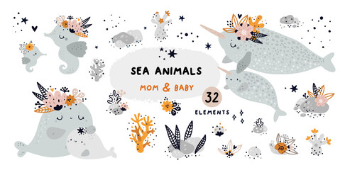 Sea animals collection, marine themes: plants, corals, flowers, sea horse, narwhal, whale, ocean fish, stars, moon, sea animals. Vector cartoon doodle set of marine life for creatures