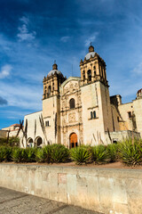 Fototapeta na wymiar Facade of church with blue sky in Oaxaca, Mexico