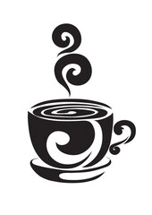stylized coffee or tea mug in black color, tattoo, isolated object on white background, vector illustration,