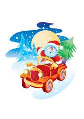 santa claus rides a red car and carries gifts and a christmas tree, isolated object on a white background, vector illustration, cartoon illustration, christmas,