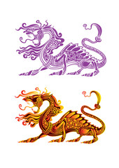 two stylized dragons in different colors, china, tattoo, isolated object on white background, vector illustration,