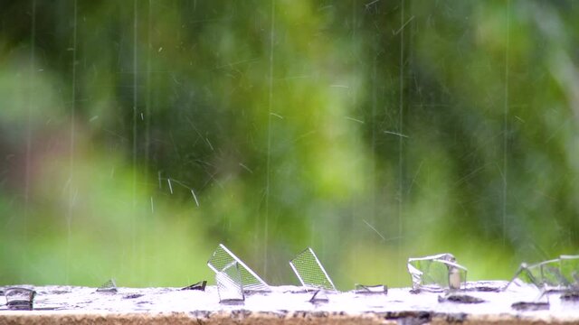 Shot showing glass shards placed on a building to stop intruders from coming in during heavy rains with out of focus greenery in the background