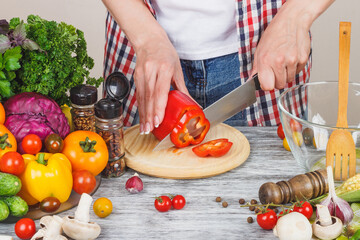 Woman cooks at the kitchen, soft focus background