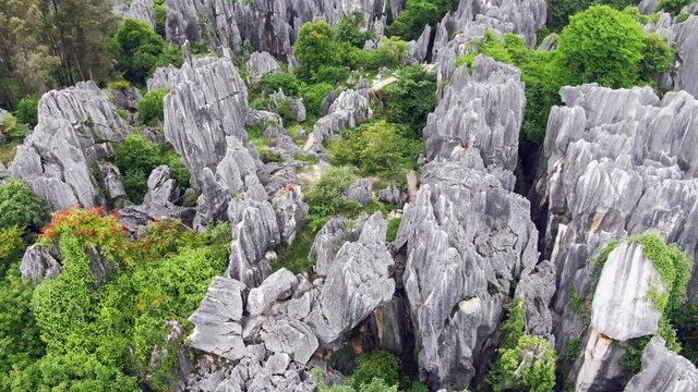 Aerial view of Stone forest located in Kunming China. Drone shot footage 4k(UHD).