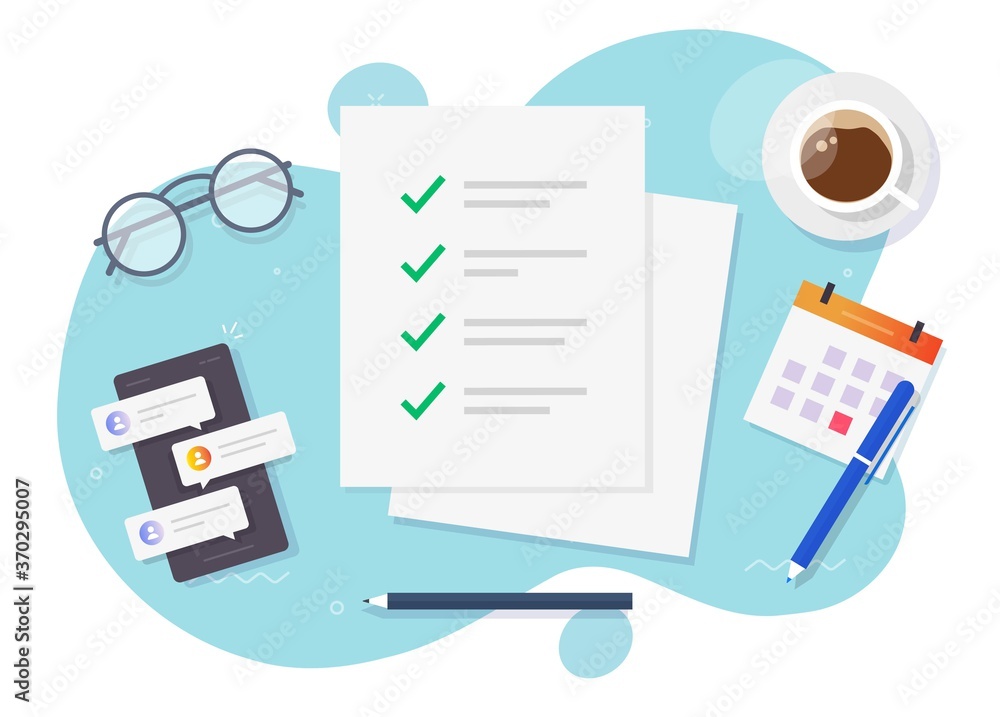 Poster check list checkmarks as to do task form paper sheet on desk table vector, completed things done, ti