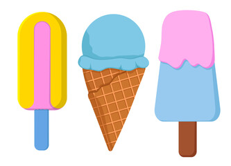 Ice cream. Ice cream with raspberry, strawberry, lemon, blueberry flavor. In a waffle horn. On a stick. Fruit ice. Filler.
