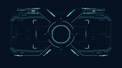 Futuristic blue user interface. Sci fi HUD. UI for game, vr. Concept dashboard display. Target element with touch screen. Vector illustration.