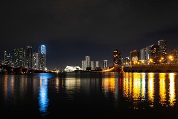 Fototapeta na wymiar Miami city night. Miami Florida, sunset panorama with colorful illuminated business and residential buildings and bridge on Biscayne Bay.