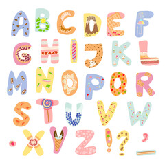 Sweet alphabet. Letters with candy, cake, cookie.