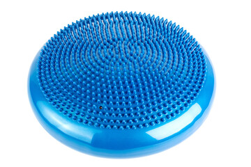 Blue inflatable balance disk isoleated on white background, It is also known as a stability disc,...