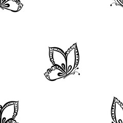 Seamless wallpaper. Black and white background. Butterfly is flying. Designed for web design, covers, wallpapers, illustrations, wrappers, prints.