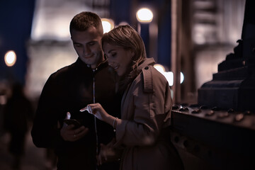 couple in love spring walk, boy and girl, city travel seasonal look