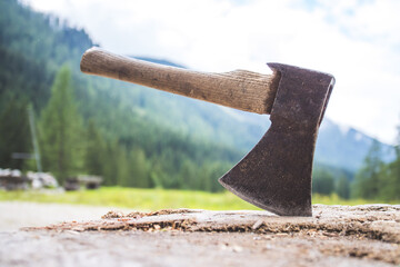 Getting wood for fire: Close up of axe attached to a tree trunk, countryside