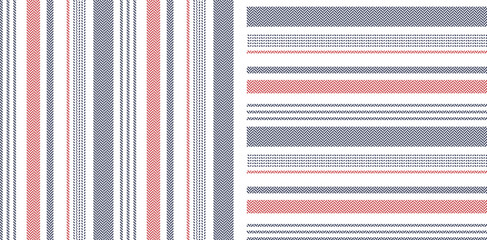 Textile pattern in blue, red, white. Herringbone textured vertical and horizontal irregular stripes background vector for modern fabric print. Abstract geometric design.