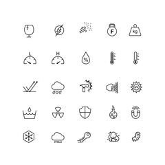 A set of icons for the resistance of a material, such as heat resistance, impact resistance, water proof. Suitable for design elements from information of a product, promotion, and material design.