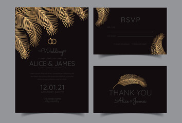wedding invitation card, black and gold leaf tropical