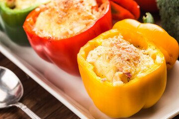 Seafood rice with cheese, stuffed peppers with rice and minced meat. .Grilled green pepper with cheese