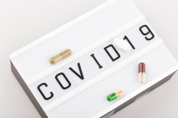 Covid 19 lettering, pandemic coronavirus, virus icon symbol.
