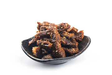 Beef jerky in a bowl on white background