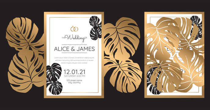 laser cut wedding invitation cards with golden tropical leaves