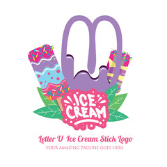 Purple Letter U Delicious Melting Ice Cream Sticks Logo on White Background. Vector Flat Modern Style. Colorful Logo in Cartoon Style Illustration for Ice Cream Shop Café and Restaurant
