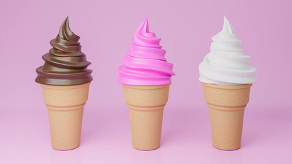 Soft serve ice cream of chocolate, vanilla and strawberry flavours on crispy cone on pink background.,3d model and illustration.