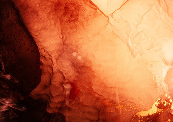 Orange marble texture. Alcohol ink water. Red hot abstract fire design with streak pattern. Glowing...