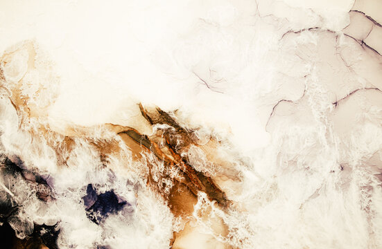 Marble texture art background. Alcohol ink water. Brown white blue mineral stone texture. Creative abstract sea salt creative design. Natural rock pattern. Luxury stained surface. © golubovy