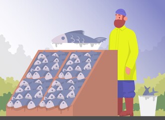 Fisherman seller in a fish store. Color vector cartoon illustration