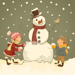 Snowman and children