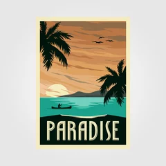 Fotobehang tropical paradise beach vintage poster illustration design, vintage travel design © linimasa