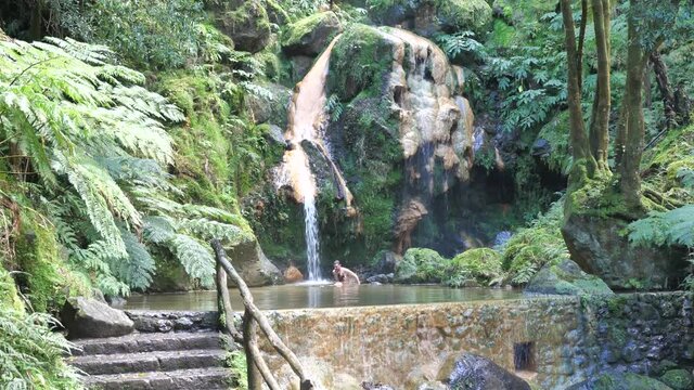 Tourists Getting Into Caldeira Velha Hot Spring Pool Waterfall, Azores