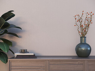 Empty interior background, vase on cabinet and plant. 3d rendering