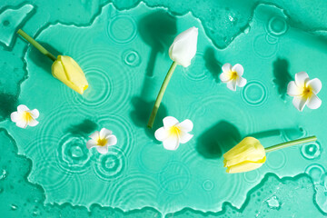 Fototapeta na wymiar Flowers on a water under glass textured background.