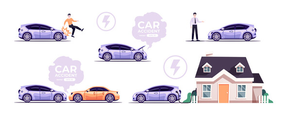 Car accidents set isolated on white background. Broken car, stolen by thief, damaged, car hitting a man. Flat style eps10 illustration. Vehicle crush on the road. Simple modern design.