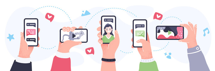 Hands with phone set. Hands hold the smartphone horizontally and vertically. Flat style vector eps10 illustration. Social media, likes, hearts, followers, notifications. Simple modern design.