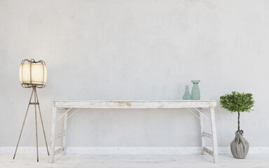 Empty interior background, with white wall, wooden desk and lamp. Wooden floor.