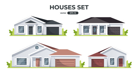 Houses set isolated. Buildings, home, real estate collection. Front view. Flat style vector eps10 illustration. Simple modern design. Street with colorful cottage houses. Cute cartoon city.