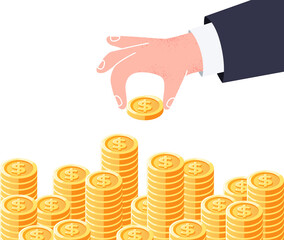 Coins stack. Hand with coin. Increase in wealth. Heap of shining golden coins. Money, finance, business icon. Flat style vector illustration. Signs and symbols. Modern simple cartoon style.
