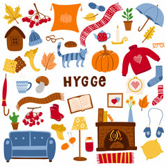 A set of elements on the theme of Hygge, autumn and a cozy home. A collection of hand-drawn design items isolated on a white background. Color vector illustration.