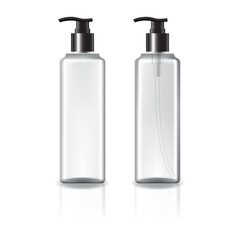 white and clear square cosmetic bottle with black pump head for beauty or healthy product.