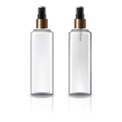 white and clear square cosmetic bottle with copper spray head for beauty or healthy product.