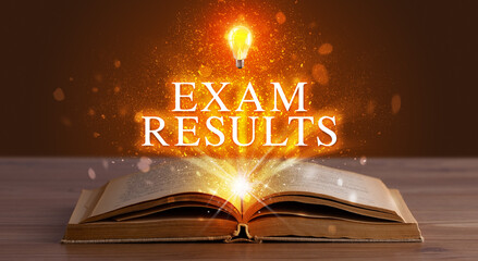 EXAM RESULTS inscription coming out from an open book, educational concept