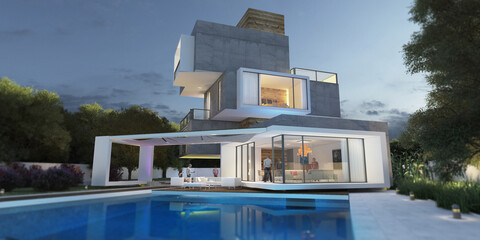 Multilevel modern villa with pool and garden